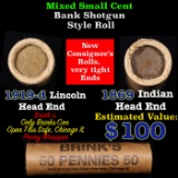 Mixed small cents 1c orig shotgun roll, 1919-d Wheat Cent, 1869 Indian Cent other end, Brinks Wrappe