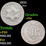 1851 Three Cent Silver 3cs Grades vf, very fine