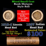 Mixed small cents 1c orig shotgun roll, 1918-d Wheat Cent, 1887 Indian Cent other end, Brinks Wrappe