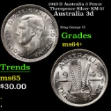 1943-D Australia 3 Pence Threepence Silver KM-37 Grades Choice+ Unc