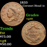 1833 Coronet Head Large Cent 1c Grades vg+