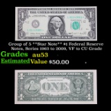 Group of 5 **Star Note** $1 Federal Reserve Notes, Series 1963 to 2009, VF to CU Grade Grades Select