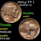 1913-p TY I Buffalo Nickel 5c Grades Select Unc