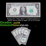 Group of 5 **Star Note** $1 Federal Reserve Notes, Series 1963 to 2009, VF to CU Grade Grades Choice