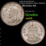 1945 Great Britain 6 Pence Sixpence, Silver KM-852 Grades Choice AU/BU Slider