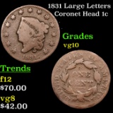 1831 Large Letters Coronet Head Large Cent 1c Grades vg+