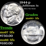 1944-p Jefferson Nickel 5c Grades GEM++ 5fs
