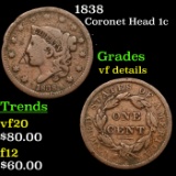 1838 Coronet Head Large Cent 1c Grades vf details