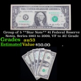 Group of 5 **Star Note** $1 Federal Reserve Notes, Series 1963 to 2009, VF to AU Grade Grades Select