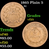 1865 Plain 5  Two Cent Piece 2c Grades vf+