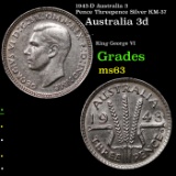 1943-D Australia 3 Pence Threepence Silver KM-37 Grades Select Unc
