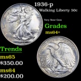 1936-p Walking Liberty Half Dollar 50c Grades Choice+ Unc