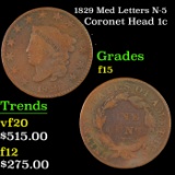 1829 Med Letters Coronet Head Large Cent N-5 1c Grades f+