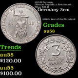 1925-D Germany (Weimar Republic) 3 Reichsmark Silver KM-46 Grades Choice AU/BU Slider