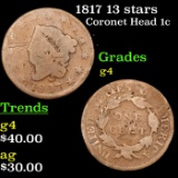 1817 13 stars Coronet Head Large Cent 1c Grades g, good