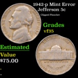 1942-p Jefferson Nickel Mint Error 5c Grades vf++