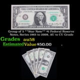 Group of 5 **Star Note** $1 Federal Reserve Notes, Series 1963 to 2009, AU to CU Grade Grades Choice