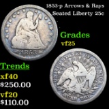 1853-p Arrows & Rays Seated Liberty Quarter 25c Grades vf+