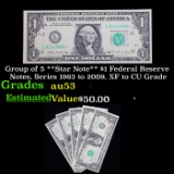 Group of 5 **Star Note** $1 Federal Reserve Notes, Series 1963 to 2009, XF to CU Grade Grades Select