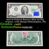 1976 $2 Federal Reserve Note 1st Day of Issue, with Stamp (Philadelphia, PA) Grades Select CU
