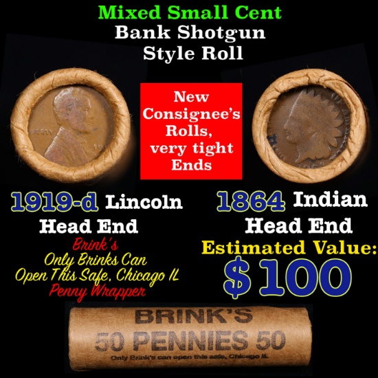Mixed small cents 1c orig shotgun roll, 1919-d Wheat Cent, 1864 Indian Cent other end, Brinks Wrappe