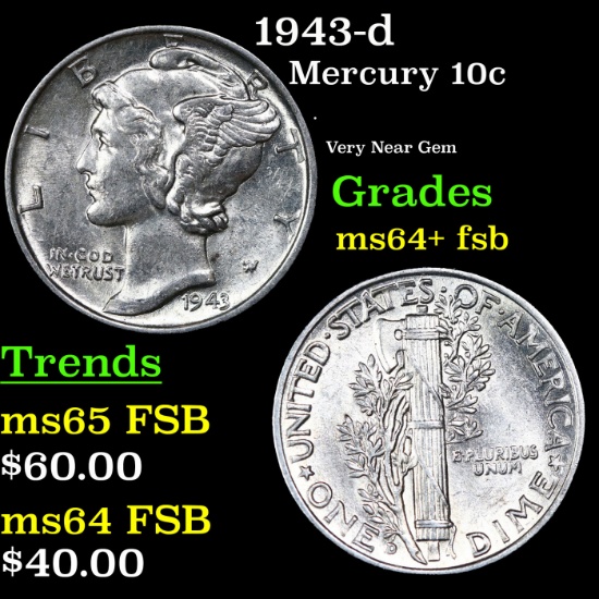 1943-d Mercury Dime 10c Grades Choice Unc+ FSB