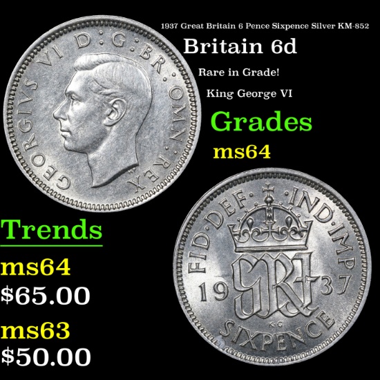 1937 Great Britain 6 Pence Sixpence Silver KM-852 Grades Choice Unc