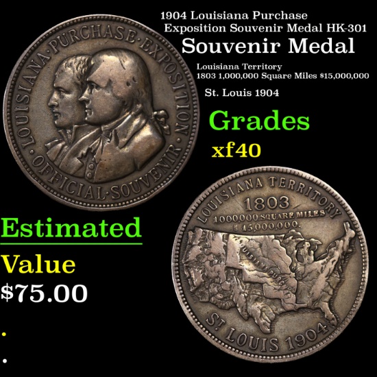 1904 Louisiana Purchase Exposition Souvenir Medal HK-301 Grades xf