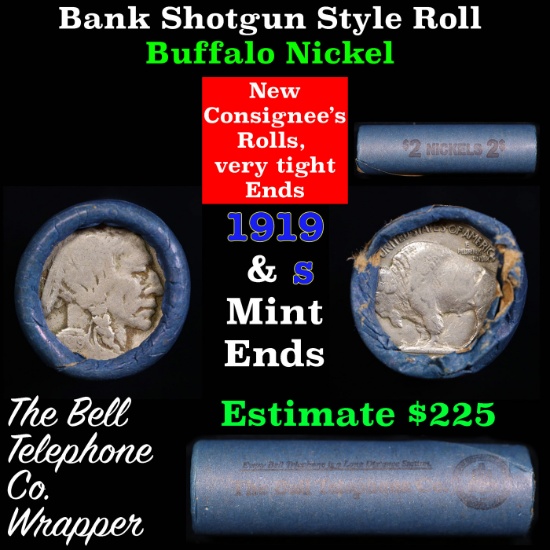 Buffalo Nickel Shotgun Roll in Old Bank Style 'Bell Telephone'  Wrapper 1919 & S Mint Ends