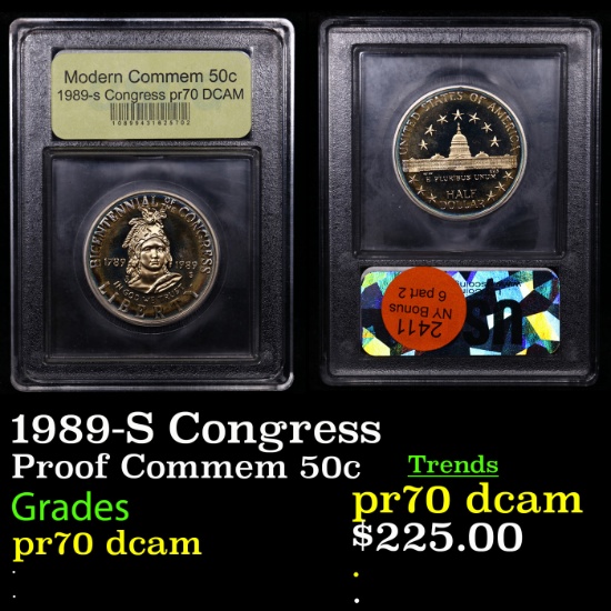 Proof 1989-S Congress Modern Commem Half Dollar 50c Graded GEM++ Proof Deep Cameo By USCG