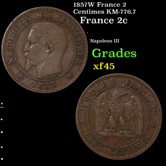 1857W France 2 Centimes KM-776.7 Grades xf+