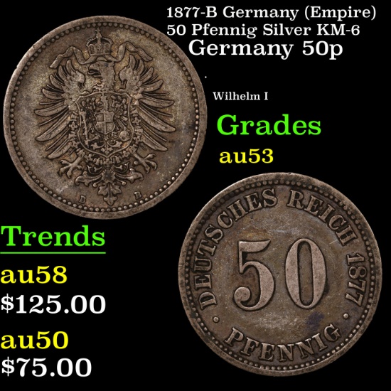 1877-B Germany (Empire) 50 Pfennig Silver KM-6 Grades Select AU