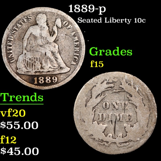 1889-p Seated Liberty Dime 10c Grades f+