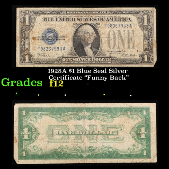 1928A $1 Blue Seal Silver Certificate "Funny Back" Grades f, fine