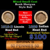 Mixed small cents 1c orig shotgun roll, 1918-D Wheat Cent, 1889 Indian Cent other end, Brinks Wrappe