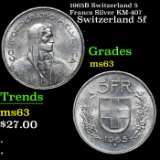 1965B Switzerland 5 Francs Silver KM-407 Grades Select Unc