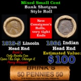 Mixed small cents 1c orig shotgun roll, 1919-S Wheat Cent, 1864 Indian Cent other end, Brinks Wrappe