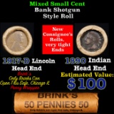Mixed small cents 1c orig shotgun roll, 1917-D Wheat Cent, 1890 Indian Cent other end, Brinks Wrappe