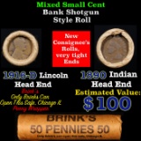 Mixed small cents 1c orig shotgun roll, 1916-D Wheat Cent, 1890 Indian Cent other end, Brinks Wrappe