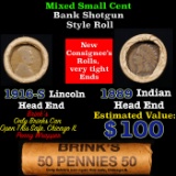Mixed small cents 1c orig shotgun roll, 1916-S Wheat Cent, 1889 Indian Cent other end, Brinks Wrappe