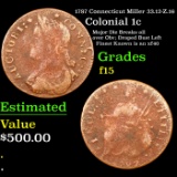 1787 Connecticut Colonial Cent Miller 33.12-Z.16 1c Graded f15 BY SEGS