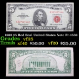1963 $5 Red Seal United States Note Fr-1536 Grades vf+
