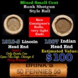 Mixed small cents 1c orig shotgun roll, 1918-S Wheat Cent, 1887 Indian Cent other end, Brinks Wrappe
