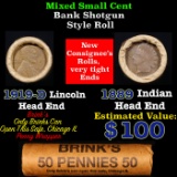 Mixed small cents 1c orig shotgun roll, 1919-D Wheat Cent, 1889 Indian Cent other end, Brinks Wrappe