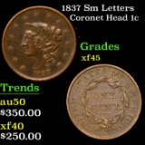 1837 Sm Letters Coronet Head Large Cent 1c Grades xf+