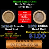 Mixed small cents 1c orig shotgun roll, 1919-S Wheat Cent, 1889 Indian Cent other end, Brinks Wrappe