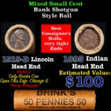 Mixed small cents 1c orig shotgun roll, 1919-D Wheat Cent, 1895 Indian Cent other end, Brinks Wrappe