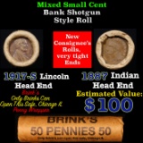 Mixed small cents 1c orig shotgun roll, 1917-S Wheat Cent, 1887 Indian Cent other end, Brinks Wrappe
