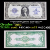 1923 $1 large size Blue Seal Silver Certificate, Signatures of Woods & White FR-238 Grades Select CU