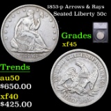 1853-p Arrows & Rays Seated Half Dollar 50c Grades xf+ BY SEGS
